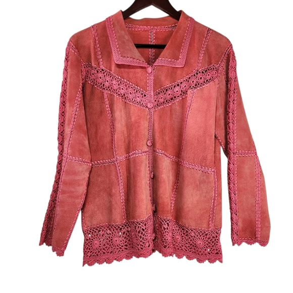 Vintage Suede Crochet Patchwork Jacket XL Boho Western Pink Coral Button Front - Picture 9 of 16